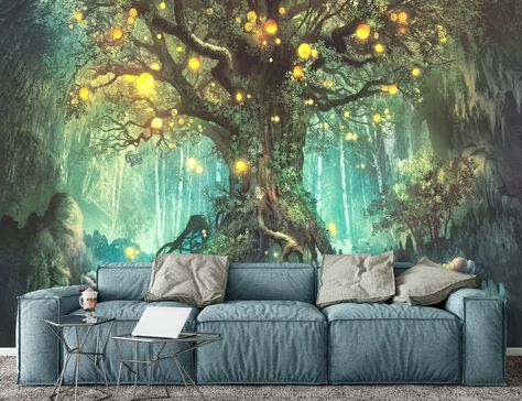 Fireflies on a Fantastic Tree Wall Mural Fantasy Tree - Etsy UK Forest With Fireflies, Tree Wall Mural, Playroom Wallpaper, Forest Gift, Fantasy Tree, Tree Wall Murals, Transformers Design, Bedroom Murals, Star Wall Art