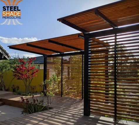 Popular Pergola Options — Steel Shade Pergolas Metal And Wood Pergola, Bbq Shade Structure, Shade Structure Backyard, Pool Shade Structure, Metal Pergola Ideas, Cantilever Pergola, Outdoor Shade Structures, Cantilever Carport, Pool Shade