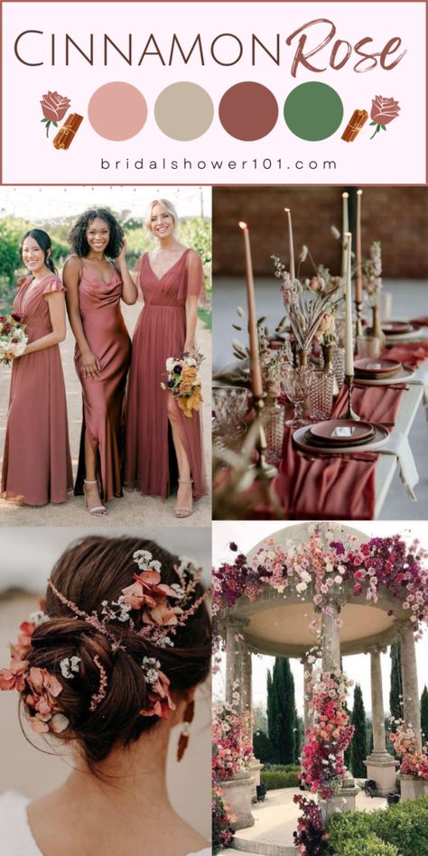 Rose Gold Wedding Palette Color Schemes, Champagne Rose Wedding Colors, Bridesmaid Dresses Cinnamon Rose, Bridesmaids In Two Different Colors, Cinnamon Rose And Dusty Rose Wedding, Cinnamon Rose Palette, Cinnamon Pink Wedding, Wedding Color Decorations, Cinnamon Rose Wedding Florals