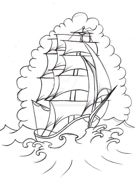 Pirate Ship Tattoo Drawing, Traditional Ship Tattoo, Pirate Ship Tattoo, Boat Tattoo, Stencil Outline, Nautical Tattoo, Ship Tattoo, Tattoo Stencil Outline, Ship Drawing