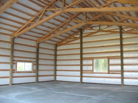 Interior of a post-frame garage/shop in Stanwood, WA. Built by Spane Buildings of Mount Vernon, WA. Pole Barn Trusses, Pole Barn Insulation, Scissor Truss, Carport Modern, Building A Carport, Pole Barn Designs, Pole Barn Plans, Pole Barn Garage, Roof Truss Design