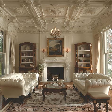 Discover the timeless elegance of a parlor with ornate Victorian ceilings and white walls, highlighted by plush cream sofas and an antique fireplace. The room features intricate ceiling carvings, vintage rugs, and large windows that flood the space with natural light, adding to the classic and sophisticated ambiance. Victorian Style Home Interior, Traditional Victorian Living Room, White Victorian House Aesthetic, Victorian House Interiors Vintage, Victorian White House, Modern Victorian Parlor, Light Victorian House, Ceiling Design Victorian, Cream Victorian Living Room