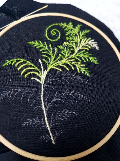 Black Fabric Embroidery Ideas, Weird Embroidery Patterns, Embroidery Black Background, Black On Black Embroidery Ideas, Green Embroidery Design, Dark Embroidery Patterns, Large Embroidered Flowers, Fern Embroidery Pattern, Embroidery On Patterned Fabric