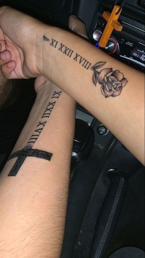 Rose With Roman Numerals, Roman Numeral Tattoo Arm, Couple Wrist Tattoos, Tattoos Cross, Faith Tattoo On Wrist, Inner Arm Tattoos, Couple Matching Tattoo, Cute Couple Tattoos, Roman Numeral Tattoos