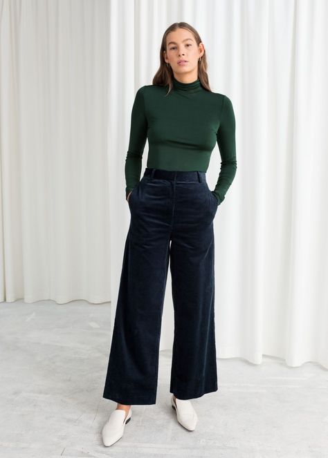 High Waist Wide Corduroy #trousers - Blue - Wide Trousers - & Other Stories Green Pant Outfit, Ootd Corduroy, Wide Leg Trousers Outfit, Camila Morrone, Trouser Outfit, Cord Trousers, Corduroy Trousers, Wide Trousers, Pantalon Large