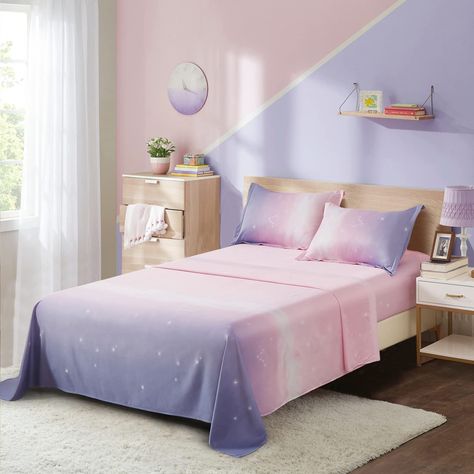 PRICES MAY VARY. 3 Pieces Kids Sheets Set For Girls: Twin xl size gradient pink purple girls bedding set includes 1 Fitted Sheet: 39"x80"+12", 1 Flat Sheet: 66"x102", 1 Pillowcase: 20"x28". Stylish Rainbow Girls Bedding Set : Colorful omber pink purple sheets set twin xl size presents a cozy and modern style. brings simple and elegant feel, and easy to fit to any girls women room's decoration. Premium Microfiber Material Sheet Set: Super soft microfiber fabric girls fitted and flat sheet set, al Pink Purple Girls Bedroom, Pink And Purple Bedroom Kids, Pink And Purple Girls Room, Purple Girls Bedding, Purple Kids Room, Purple Sheets, Pink And Purple Bedroom, Purple Girls Room, Kids Sheet Sets