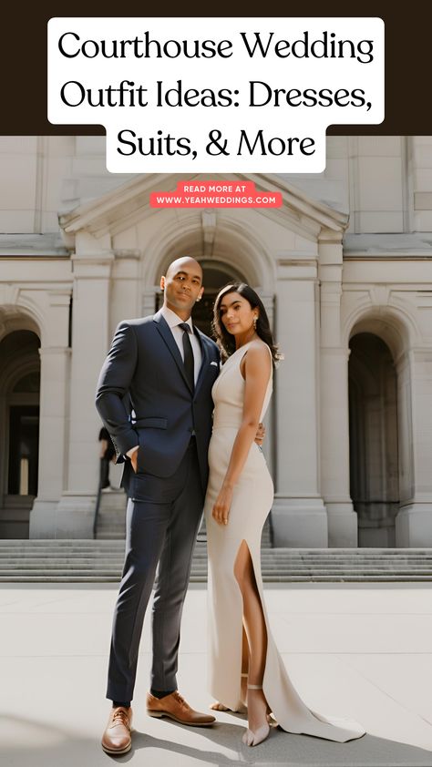 Stunning wedding couple in stylish courthouse wedding outfits, including an elegant dress and a sharp suit, posing outside a courthouse. Courthouse Wedding Dress Fall, Civil Ceremony Dress Courthouse Wedding, Courthouse Wedding Outfit Men, Fall Courthouse Wedding, Courthouse Wedding Guest Outfit, Casual Bride Outfit, Courthouse Wedding Attire, Elopement Ideas Courthouse, Courthouse Wedding Ideas