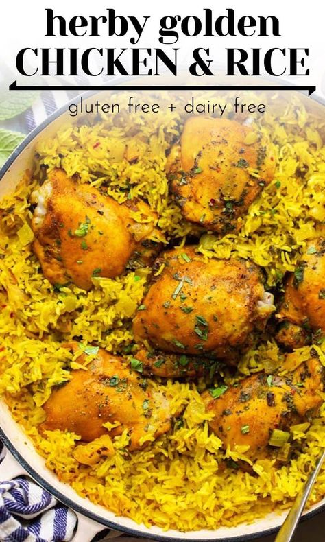 Make this Herby Golden Baked Chicken and Rice - all prepped and cooked in one pot for easy clean up and a satisfying dinner! Juicy chicken thighs are coated in a simple spice blend of cumin, ginger and turmeric and then cooked over golden-seasoned bed of rice topped with loads of fresh herbs. | #GlutenFreeDinner #GlutenFreeRecipes + #DairyFreeDinner #ChickenDinner #HealthyChicken #ChickenandRice #DairyFreeChicken Baked Chicken And Rice, Juicy Chicken Thighs, Golden Chicken, Garlic Benefits, Turmeric Recipes, Dairy Free Dinner, Chicken Thigh Recipes Oven, Boneless Chicken Thigh Recipes, Baked Chicken Thighs