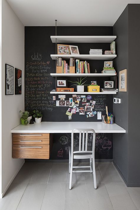 Small home office idea with chalkboard walls [Design: John Donkin Architect] | DKI in West Bloomfield, MI, specializes in the selective demolition of architectural, structural, mechanical and electrical systems. For more information call (248) 538-9910 or visit www.dkidemolition.com. Tiny Office Space Ideas, Industrial Style Interior Design, Industrial Style Interior, Tiny Office, Bedroom Contemporary, Cool Office Space, Small Space Office, Contemporary Home Office, Small Home Office