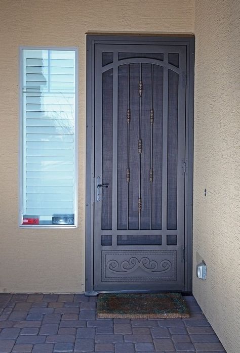 Custom Security Screen Door with Kickplate - First Impression Ironworks Security Screen Doors Ideas Front Entry, Screen Door Makeover, Screen Headboard, Front Door With Screen, Front Door Security, Iron Security Doors, Pintu Interior, Old Screen Doors, Wooden Screen Door