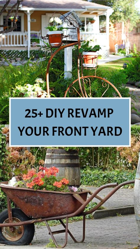 25+ DIY Revamp Your Front Yard Front Yard Corner Garden Ideas, Rustic Landscaping Ideas For Front Yard, Drive Entrance Ideas, Front Yard Cheap Ideas, Windmill Landscaping Ideas, Outdoor Front Yard Ideas, Front Yard Centerpiece, Yard Decor Diy Outdoor Projects, Country Landscape Ideas