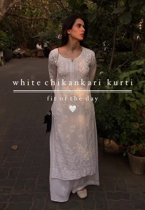 Simple White Suit Design, White Chinkari Kurti, Top And Leggings Outfit Indian, Chickenkari Kurti Styling Ideas, Indian Wear Kurti, Chicken Cari Dresses, White Lace Kurti Designs, White Chickenkari Kurti Designs, Black Chikankari Kurta Aesthetic