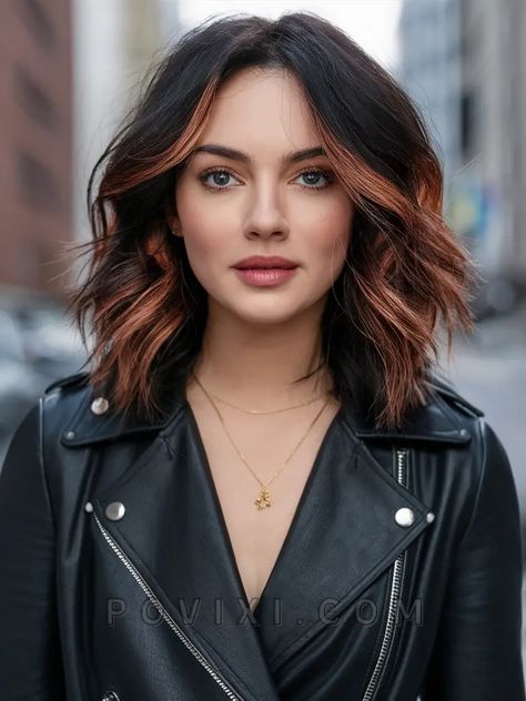 Minimal Maintenance Hair Color, Dark Color Block Hair, Auburn Brown Hair With Money Piece, Hair Color Ideas For Green Eyes Colour, Medium Short Dark Hair, Hair Colours Short Hair, Pops Of Color Hair Brunette, Tortoise Hair Color, Fun Money Piece Hair