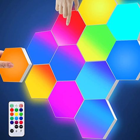 Rgb Wall Lights, Hexagon Wall Lights, Nanoleaf Lights Hexagon, Gaming Setup Bedroom, Hexagon Lights Wall Gaming, Hexagon Led Light, Wall Game, Led Wall Decor, Ambiance Lighting