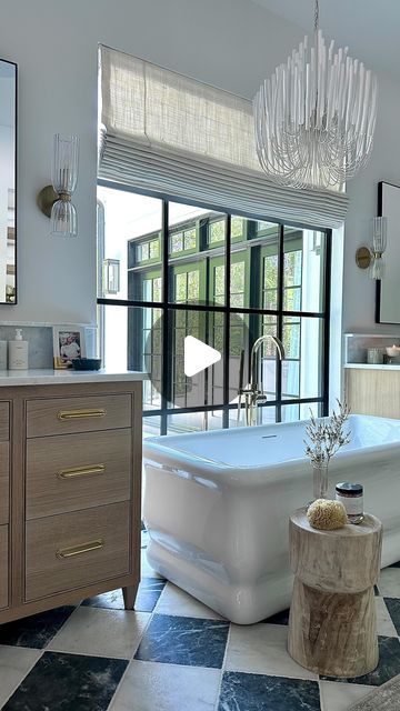 Truth & Co. Interior Design on Instagram: "This Primary Bath edured a major flip! As in everything switched walls… Only the tub stayed in the original location. 🛁
The new large steel window floods much needed light into this once dark bathroom. 
The flanking vanities and huge shower transformed it into a true retreat!
@loverlygrey 

Builder: @schmidtsatterfield" Huge Shower, Dark Bathroom, Dark Bathrooms, Primary Bath, Primary Bathroom, Much Needed, Bathroom Vanity, Bathrooms, The Original