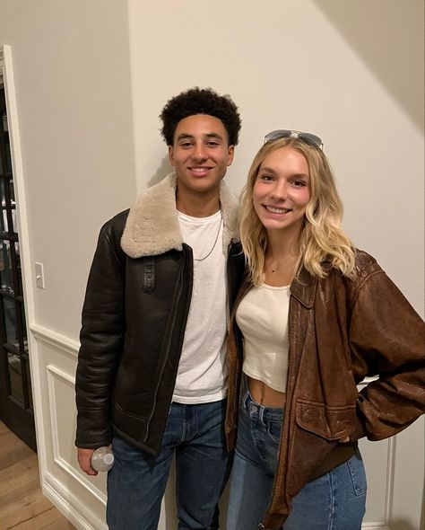 halloween costume inspo, couple costume inspo, brown leather jacket, blue jeans, white top, 80s inspo. Blue Jeans White Top, Couple Costume, Couple Costumes, Costume Inspo, Jeans White, Brown Leather Jacket, Couples Costumes, White Top, White Tops