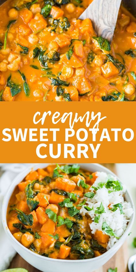 Creamy sweet potato curry is made with chickpeas, coconut milk and Thai red curry paste. It’s a vegan option you can make on the stove, slow cooker or instant pot. This easy meal is great for weeknights with rice! Sweet Potato Curry Vegan, Sweet Potato Coconut Curry, Sweet Potato Chickpea Curry, Thai Red Curry Paste, Potatoe Recipes, Freeze Sweet Potatoes, Slow Cooker Sweet Potatoes, Chickpea Coconut Curry, Vegan Curry Recipes