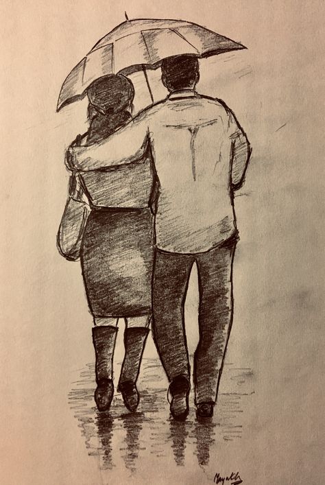 Walking in the rain Couple In Rain Sketch, Couple In The Rain Drawing, Walking In The Rain Drawing, Holding Umbrella Reference Drawing, Walking In The Rain Painting, Umbrella Sketch, Rain Sketch, Rainy Day Drawing, Couple In Rain