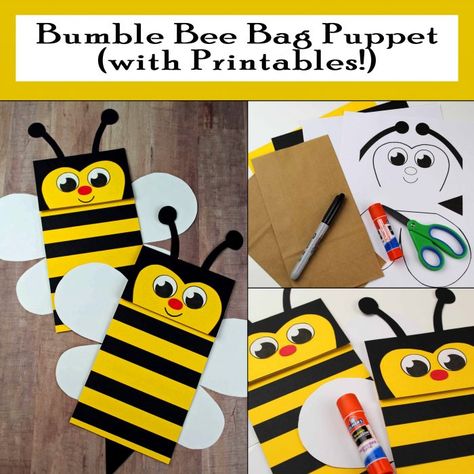 Bumble Bee Paper Bag Puppet with free printables Puppets For Kids To Make Paper Bag, Paper Bag Puppet Ideas, Paper Bag Arts And Crafts, Paper Bag Crafts For Toddlers, Paper Bag Puppets Printable Free, Paper Puppets For Kids, Paper Bag Puppets For Kids, Puppet Paper Bag, Paper Bags Ideas