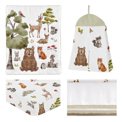 The 4pc woodland forest animals' baby bedding will create a whimsical nursery filled with charming watercolor-painted forest animals. This artistic gender-neutral crib bedding set uses a sensational collection of exclusive brushed microfiber fabrics. It features a hand-painted watercolor nature scene complete with friendly deer, owls, bears, bunnies, foxes, hedgehogs, squirrels, and raccoons. It is complimented with a coordinating woodland creature print, solid fabrics, and tufted fringe details Neutral Crib Bedding Sets, Wilderness Nursery, Gender Neutral Crib Bedding, Children's Bedding, Watercolor Bedding, Woodland Forest Animals, Neutral Crib, Crib Comforter, Watercolor Woodland