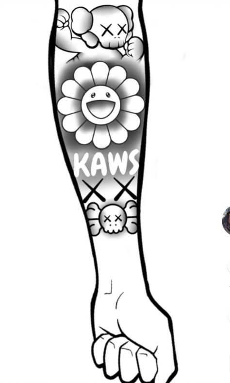 Half Sleeve Tattoos Sketches For Women, Pretty Forearm Tattoos, Kaws Henna Tattoo, Kaws Tattoo Ideas For Men, Kaws Tattoo Ideas Stencil, Kaws Tattoo Stencil, Kaws Henna, Kaws Half Sleeve Tattoo, Astroboy Tattoo