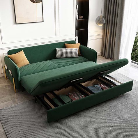 Couch With Storage And Bed, Green Sleeper Sofa, Dark Green Velvet Sofa, Dark Green Couch, Sleep Sofas, Green Sofa Bed, Pull Out Bed Couch, Music Office, Velvet Sleeper Sofa