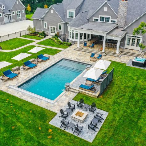 Swimming Pool Wedding Reception, Backyard Pools Ideas Inground, Simple Backyard Pool Designs, Oregon Backyard, Backyard Pool Design, Inground Pool Landscaping, Rectangle Pool, Backyard Getaway, Dream Backyard Pool