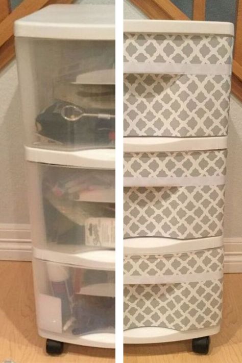 Plastic drawers are great for a budget friendly way to organize your home, but boy are they an eyesore. We love this quick plastic drawer makeover you can do under an hour. Plastic Dresser Makeover, Plastic Bin Makeover, Plastic Box Decoration Ideas, Sterilite Drawers Makeover, Diy Plastic Drawer Makeover, Drawer Bins Plastic Storage, Decorating Plastic Drawers, Drawer Makeover, Plastic Storage Drawers Makeover