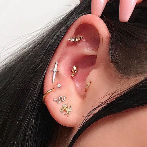 Archives: just in time for Halloween, Savannah’s spooky ear from a couple years ago. I stacked her 3rd hole with a diamond, pierced her 4th with this white gold dagger and conch with this giant gold skull. All of these pieces are available for custom ordering (email only please)! #newyorkadorned #piercer #piercing #allgoldeverything #safepiercing #piercingsofinstagram #piercinginspiration Goth Ear Piercings, Different Ear Piercings, Horn Pendant Necklace, Cute Ear Piercings, Cute Piercings, Types Of Piercings, Swarovski Necklace, Mode Casual, Skull Earrings