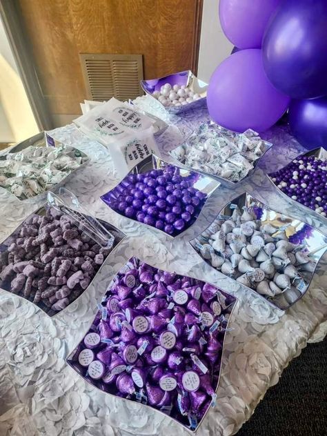 Purple and White candy Purple And White Party Ideas, 16 Shades Of Purple Party, Purple And White Sweet 16 Ideas, Purple Birthday Snacks, Sweet 16 Decorations Purple, Sweet 16 Party Ideas Purple And Silver, Sweet 16 Decorations Purple And Silver, Purple And White Graduation Party Ideas, Light Purple Sweet 16