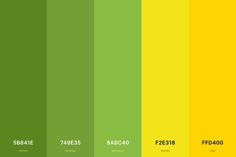 Yellow Green Pallete, Green Color Palettes, Color Palettes With Names, Color Palette With Hex Codes, Green Branding, Yellow Palette, Bright Color Schemes, Yellow Colour Scheme, Gold Color Palettes