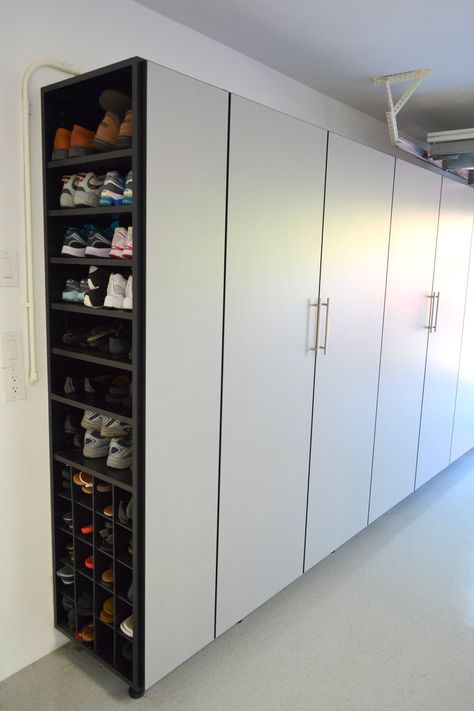 Shoe Storage In Garage, Storage In Garage, Garage Shoe, Garage Shoe Storage, Custom Garage Cabinets, Contemporary Garage, Garage Closet, Diy Garage Storage Cabinets, Garage Storage Inspiration