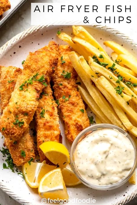 This air fryer fish and Chips recipe is a healthier way to enjoy one of your favorite restaurant meals. Made in minutes, this crispy fish is coated with panko and cooked in the air fryer for perfectly cooked fish without the need for deep frying. Such a great family weeknight meal | Take Out | Dinner Air Fryer Fish And Chips, Air Fryer Fish Recipes, Fish N Chips Recipe, Air Fryer Fish, Cooking Seafood, Air Fryer Dinner Recipes, Fish Dinner, Healthy Fish, Chips Recipe