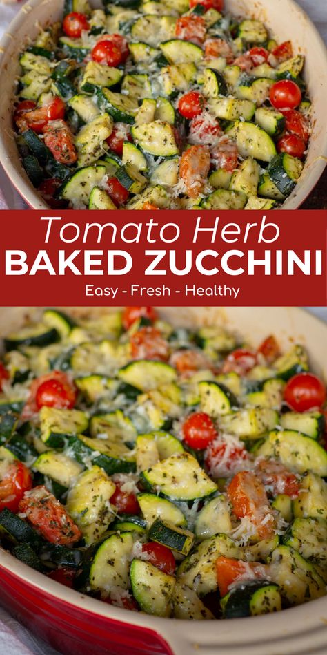 This Baked Herb Tomato Zucchini is the recipe to get zucchini skeptics to eat their vegetables. With flavors that remind me of a tomato bruschetta, they might even reach for a second helping! With just a few simple ingredients and 10 minutes of prep, it is a great recipe to add to your rotation. Zucchini And Roma Tomato Recipes, Beet And Zucchini Recipes, Zucchini Mushrooms Tomatoes, Bake Zucchini And Squash, Zucchini Cherry Tomato Recipes, Zucchini Side Dishes Recipes, Zuchinis And Tomato Recipe, Carrot Zucchini Recipes, Zucchini Ideas Healthy Recipes