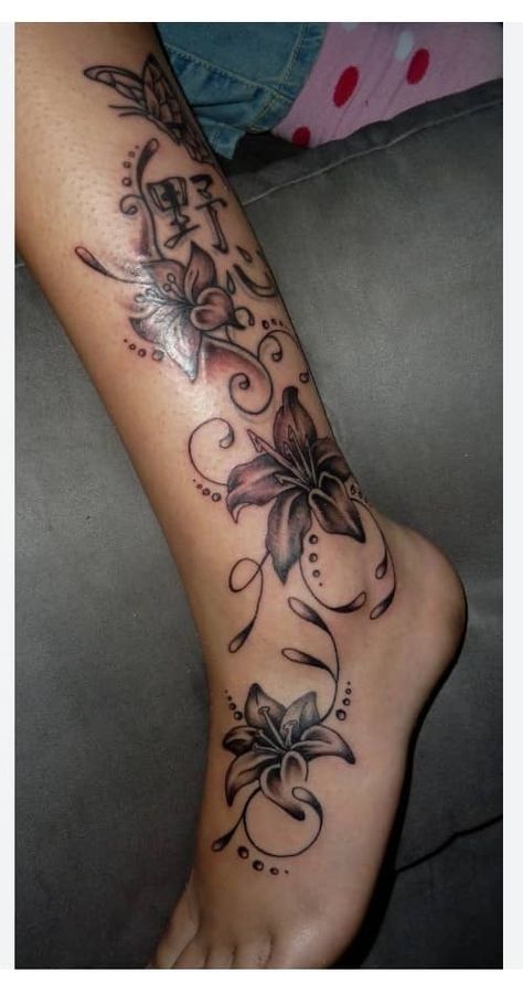 Dragon Lily Flower, Dragon Lily, Lily Flower Tattoo, Ankle Band Tattoo, Ankle Foot Tattoo, Flower Vine Tattoos, Skull Rose Tattoos, Lily Flower Tattoos, Favorite Tattoos