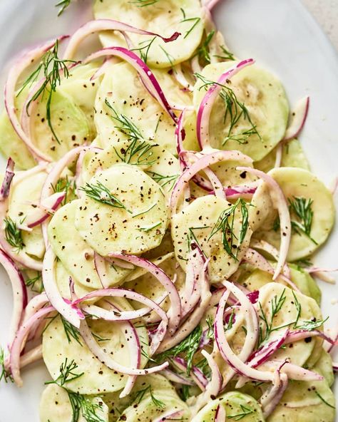 Sour Cream and Dill Cucumber Salad Credit: Joe Lingeman Credit: Joe LingemanOh, grilling season how we’ve missed you! As the weather continues warming up, and the days stuck inside become fewer and farther between, it’s time to bring burgers back into the dinner lineup (and of course your weekend cookouts). Then, of course, there’s always the age old question: what should we make for side dishes? Whether you opt for beef, turkey, chicken, or your favorite veggie variety, burger Dill Cucumber Salad, Creamed Cucumber Salad, Cucumber Salad Dressing, Dill Cucumber, Burger Sides, Burger Side Dishes, Cucumber Dill Salad, Creamed Cucumbers, Steak Side Dishes