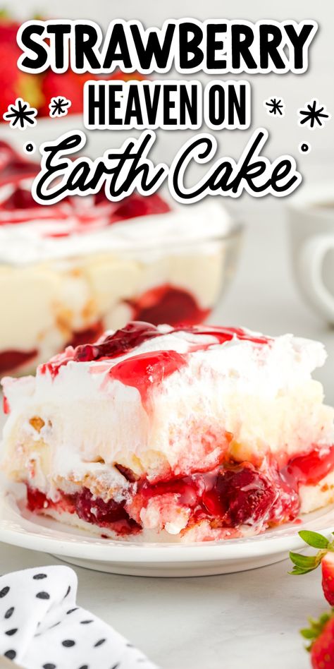 Strawberry Heaven on Earth Cake is a lush dessert worthy of its name, made with angel food cake, creamy pudding, whipped cream, and sweet strawberry pie filling. Heaven On Earth Cake, Pie Filling Desserts, Strawberry Heaven, Pudding Whipped Cream, Lush Dessert, Strawberry Angel Food Cake, Angel Food Cake Desserts, Earth Cake, Canned Strawberries