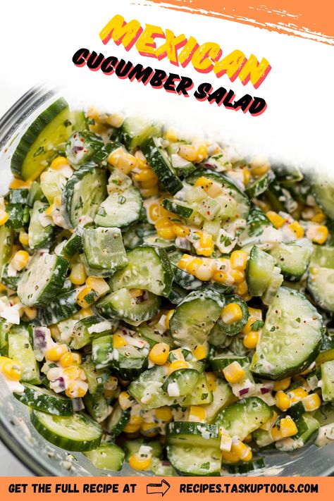 Discover the fresh and vibrant flavors of our Mexican Cucumber Salad! Packed with crunchy cucumbers, juicy tomatoes, tangy lime, and zesty cilantro, this salad is perfect for a light lunch or side dish. Enjoy a taste of Mexico at home, and add a splash of spice to your regular salad rotation. Don't forget to pin this recipe for easy access when those cravings for a healthy and tantalizing salad hit! Tajin Cucumber Salad, Cucumber Jalapeno Salad, Mexican Veggie Side Dish, Mexican Cucumber Salad, Mexican Cucumber, Cucumber Salads, Mexican Salad Recipes, Mexican Salad, Creamed Cucumbers