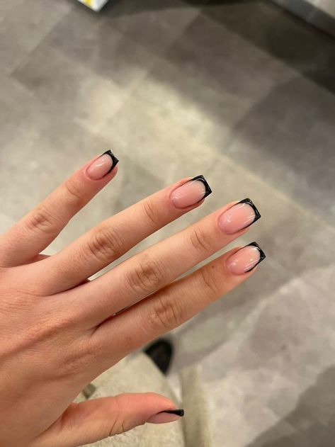 Black french nails Black Squared French Tips, Gel French Nails Short, Black Mini French Nails, Short Black Tips Nails, White Nails Black French Tip, Black Small French Tip Nails, Black Square Tip Nails, Black French Tip Nails Squoval, French Tip Nails Short Square With Design