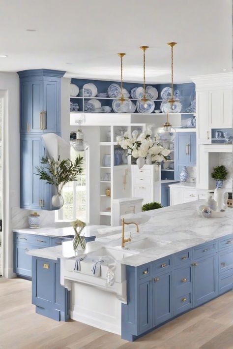 1. Blue and white cabinets
2. Stunning design
3. 2024 inspiration
4. Marvelous kitchen remodel Kitchen Decor Blue And White, Kitchens With Colored Islands, Kitchen Remodel Blue And White, Blue And White House Decor, Blue And Gold Kitchen Decor, White And Blue Kitchen Decor, Blue House Aesthetic, Kitchen Decorating Ideas Modern, Blue And White Interior Design