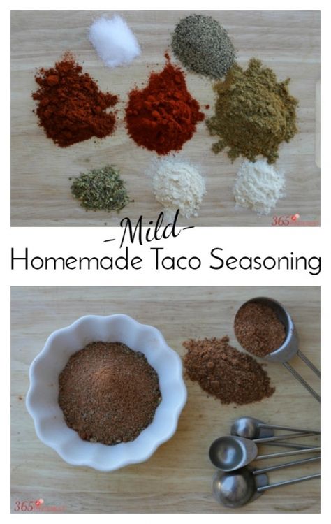 Mild Homemade Taco Seasoning: 2 tsp onion powder 2 tsp garlic powder 2 tsp oregano 4 Tbsp (1/4 cup) cumin 2 Tbsp chili powder 2 Tbsp paprika 2 Tbsp black pepper 2 tsp salt Taco Seasoning Without Cumin, Easy Taco Seasoning Recipe, Taco Seasoning Easy, Taco Seasoning Mix Recipe, Spicy Taco Seasoning, Low Carb Taco Seasoning, Diy Taco Seasoning, Mild Taco Seasoning, Homemade Taco Seasoning Mix