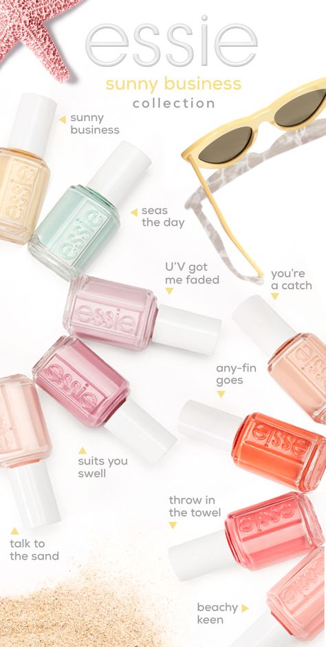 sun-wash your cares away this summer wearing the latest range of essie nail polishes inspired by 1980s surf culture and sun-bleached beach scenes. the new essie sunny business collection brings the heat with creamy, sorbet-colored pastels that add a subtle or striking wash of color to fingertips and toes. Business Nails, Nail Fungus Remedy, 4th Of July Nails, July Nails, Essie Nail Polish, Nail Fungus, Essie Nail, Nail Health, Nail Polish Collection