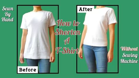 Hem A Tee Shirt, How To Shorten A T Shirt Without Sewing, How To Shorten A Shirt Without Sewing, How To Shorten A Long Tee Shirt, How To Shorten Long Tshirts, Shorten Tee Shirt Length, How To Hem A Tee Shirt, How To Fix A Shirt That Is Too Long, Shorten Shirt Length