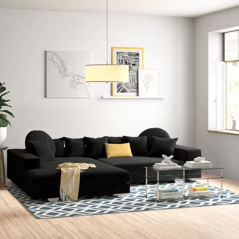 Zipcode Design Eric Corner Sofa & Reviews | Wayfair.co.uk Livibg Room, Alternative Interior, Dining Room Mirror Wall, Black Sofa Living Room Decor, Black Sofa Living Room, Black Corner Sofa, Dark Sofa, Black Velvet Sofa, Black Couch