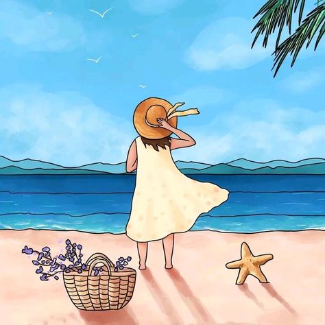 Summer Vacation Drawing Ideas, Ocean Drawing Easy, Person Sketch, Beach Cartoon, Ocean Drawing, Sea Drawing, Summer Drawings, Beach Drawing, Beach Kids