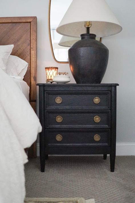 Black Nightstand Bedroom, Dark Wood Bed Frame, Painted Nightstands, Anthropologie Furniture, Dark Bedside Tables, Dark Wood Bed, Wood Nightstands, How To Spray Paint, Nightstand Makeover