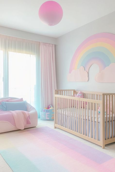 pastel rainbow nursery Baby Girl Nursery Pastel Colors, Carebear Nursery Ideas, Pastel Rainbow Room Kids Girl Bedrooms, Pastel Toddler Girl Room, Pastel Nursery Girl, Nursery Ideas Rainbow, Nursery With Clouds, Sun Themed Nursery, Rainbow Room Kids Girl Bedrooms