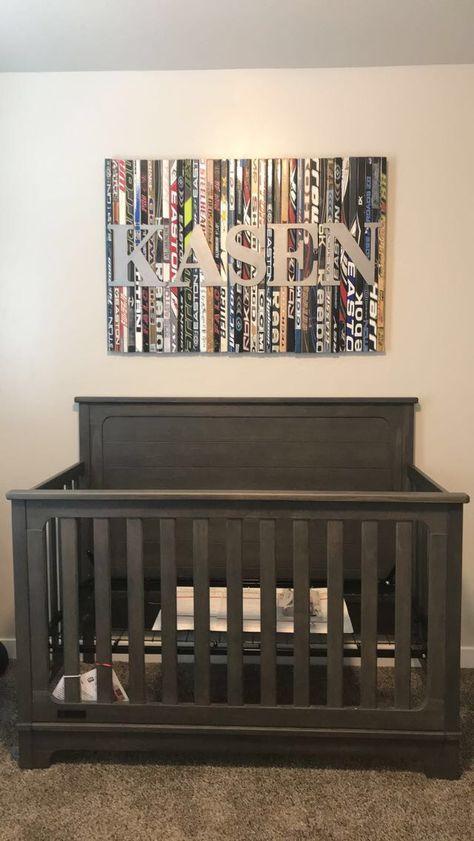 Hockey Stick Art, Hockey Stick Decor, Hockey Themed Nursery, Hockey Room For Boys, Hockey Bedroom For Boys, Hockey Bedroom Ideas, Boys Hockey Bedroom, Hockey Projects, Hockey Stick Furniture