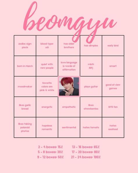 Txt Bingo, Kpop Bingo, March Born, Choi Beomgyu, Bts Fans, Love Languages, New People, Playing Guitar, Bingo