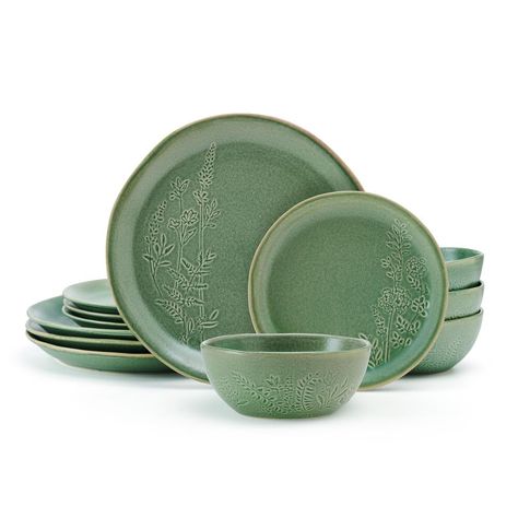 PRICES MAY VARY. CONTEMPORARY AND INVITING: ideal for everyday use, Carrie dinnerware brings the beauty of a summer garden to your tabletop STUNNING FINISH: simple, coupe shapes are escalated to stylish elegance by green debossed, pressed wild flowers that create an eye-catching landscape across your dining table STRONG AND DURABLE: made from high-quality stoneware for long-lasting beauty SERVICE FOR 4: 12 piece set includes 4 each of: 10-3/4 inch dinner plate, 7-3/4 inch salad plate, and 2-1/2 Tea Sets, Coupe, Green Dinnerware, Stoneware Dinnerware Sets, Stoneware Dinnerware, Dinner Service, Green Brands, Salad Plate, Summer Garden